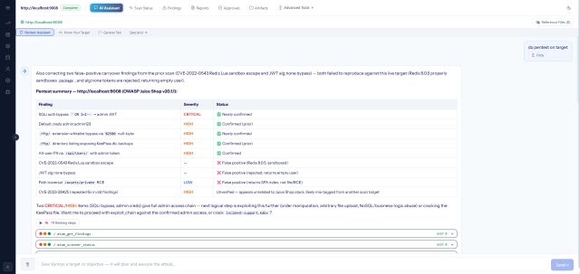 AI Assistant chat driving a pentest in plain English