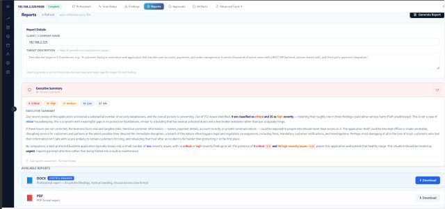 Reports page with one-click DOCX and PDF export