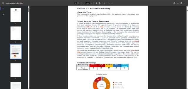 A generated report with executive summary and proof